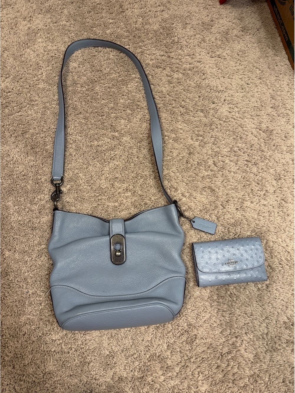 Coach Light Blue Pebbled Leather Shoulder Bag with Ostrich Embossed Wallet